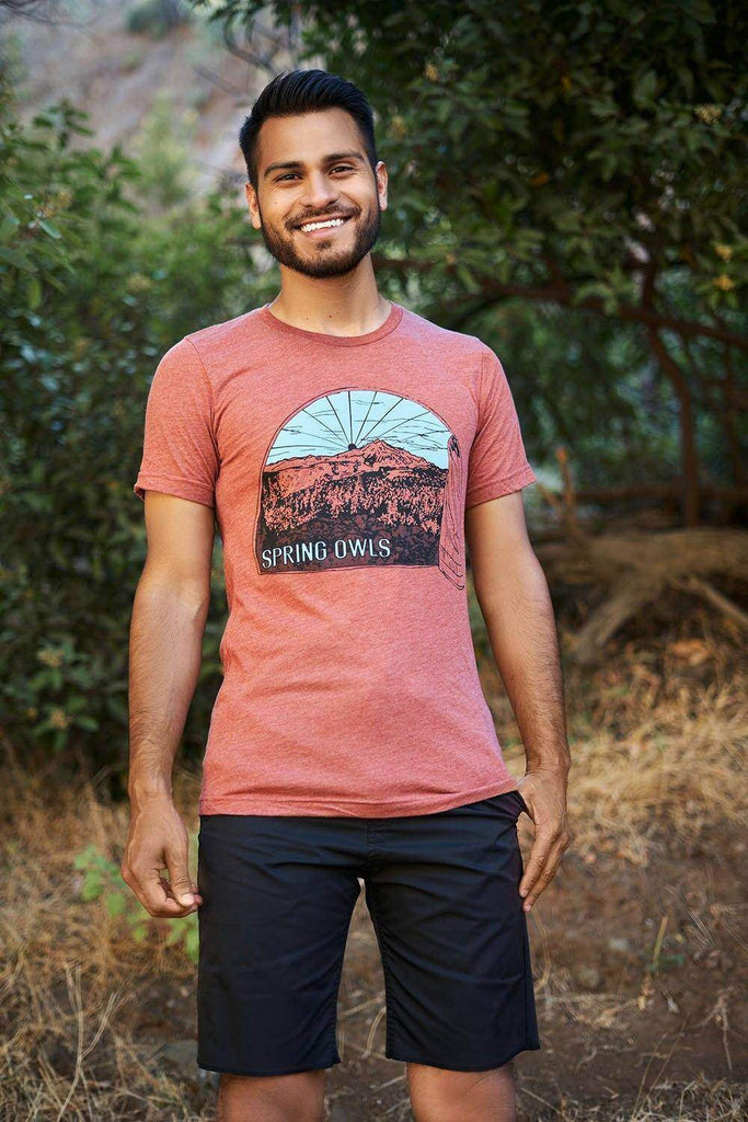 Morning View Tee (unisex) - Spring Owls - Graphic Tees - Airlume Cotton, Bella + Canvas, eco-friendly, ethically made, Gaia Bertoncini, lupe zapata, mountains, Shirts, sunrise, sustainable, Tees, Tri-Blend - Spring Owls